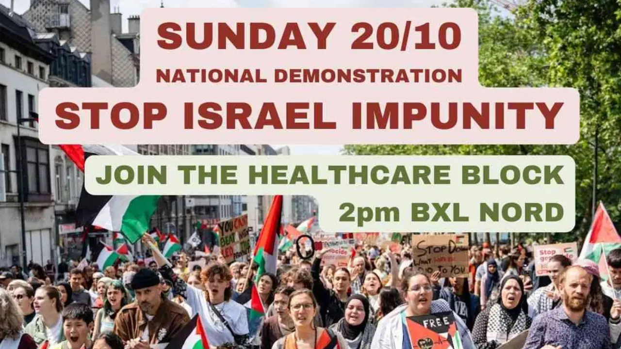 Affiche annonçant une manifestation nationale contre l'impunité d'Israël, avec une foule de manifestants brandissant des drapeaux palestiniens.